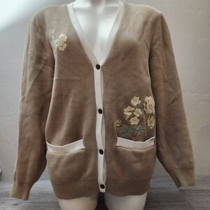 Vans Tan Cardigan‎ Sweater Size S Floral Embroidered Front Pockets GrannyCore